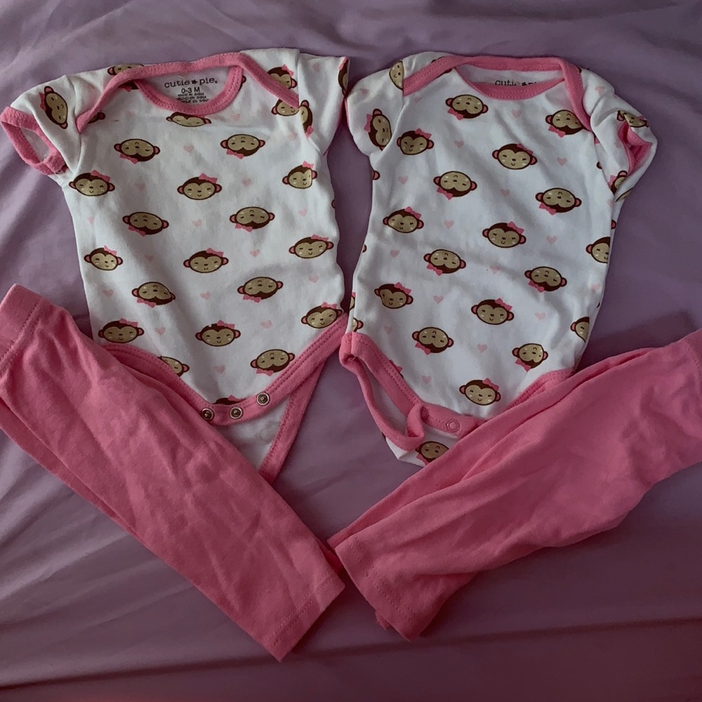 Twin Girl Monkey Onesie Pants Set